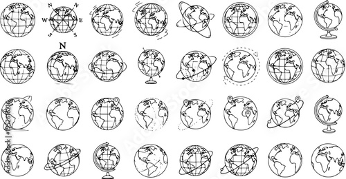Earth Globes Sketch: Diverse Globe Illustrations, World Icons Set