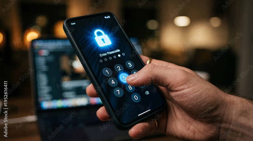 Obraz premium Hand entering passcode on smartphone with padlock icon, cybersecurity concept