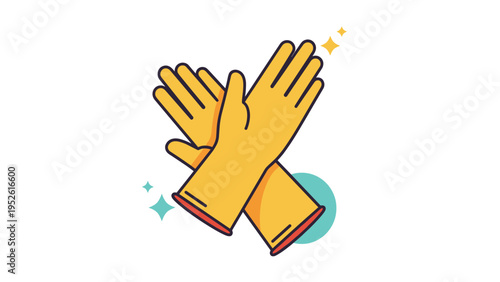 Pair of yellow rubber cleaning gloves is crossed over each other with sparkling stars suggesting a job well done.