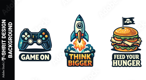 Gaming, ambition, and food themed t-shirt design background illustrations