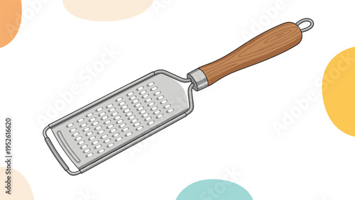 Hand-held stainless steel kitchen grater with a polished wooden handle is displayed against a background of soft pastel shapes.