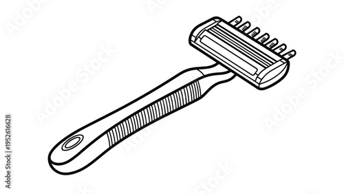 Clean black and white line drawing of a multi-blade manual safety razor shows its handle and head for personal grooming.