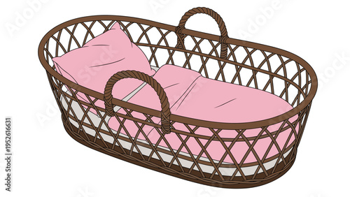 Handcrafted woven wicker baby bassinet features soft pink bedding and pillows inside its sturdy oval frame with carry handles.