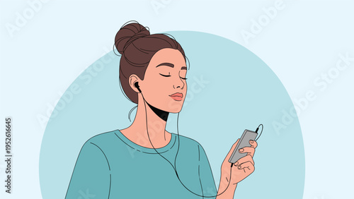 Young woman finds peace while listening to music through wired earphones with her eyes closed against a light blue background.