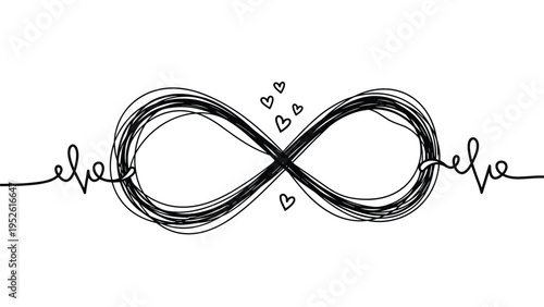 Conceptual scribble art forms an infinity symbol integrated with a heartbeat line and small floating hearts in a black and white design.