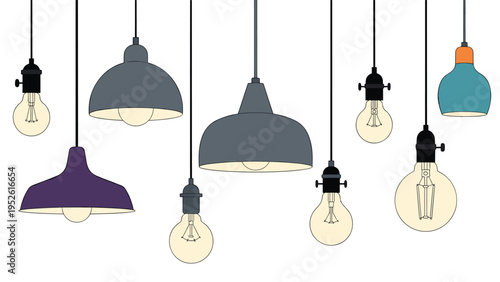 Variety of modern and industrial style hanging pendant lights and bare incandescent light bulbs are shown against a white background.