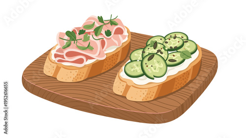 Two delicious slices of gourmet bruschetta are served on a wooden board topped with ham, fresh herbs, and sliced cucumbers.