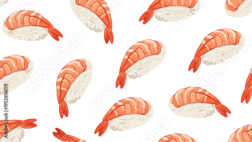 Seamless pattern featuring delicious shrimp nigiri sushi pieces with rice and prawns on a white background for restaurant branding.