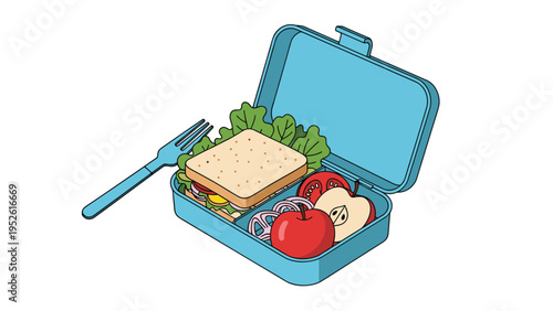 Blue lunch box packed with a healthy sandwich, apple slices, tomatoes, and onions next to a fork for school or office meals.