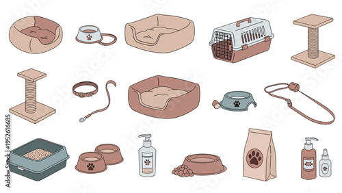 Comprehensive collection of pet supplies including beds, bowls, carrier, cat tree, food, toys, and grooming products in neutral tones.