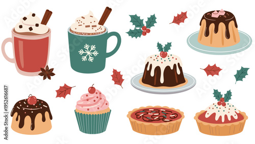Festive holiday assortment features mugs of hot cocoa with whipped cream and various Christmas desserts like pudding and cupcakes.
