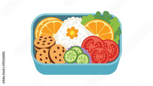 Healthy bento box lunch filled with rice, tomatoes, cucumbers, orange slices, and cookies is a balanced meal for school or work.