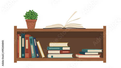 Wooden bookshelf filled with various books and a small potted green plant on top creates a cozy and intellectual home library corner.