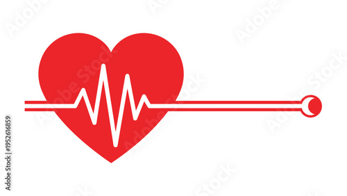 Simple medical illustration features a bold red heart symbol intersected by a white electrocardiogram line representing a healthy pulse.