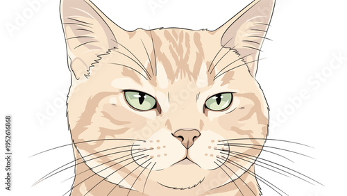 Detailed close-up portrait of an orange tabby cat highlights its beautiful green eyes and long whiskers against a white background.