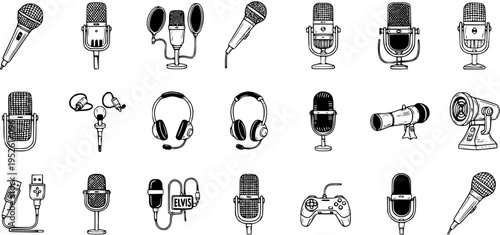 Hand-drawn doodle icons of microphones, headphones, USB connectors, recording equipment, and studio gear, black and white sketch art vector set.