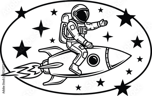 Astronaut rocket silhouette illustration, space travel artwork, cosmic adventure design, black white figure set, playful cartoon stylized collection