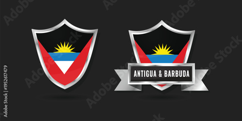 Antigua and Barbuda National Flag Shield Icon. Silver Metallic Country Badge with Rising Sun.