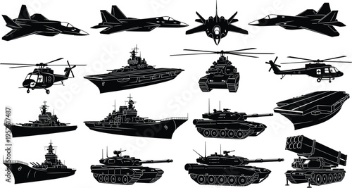 Military vehicle silhouette illustrations, aircraft ship tank artwork, combat hardware design, black white figure set, armed forces stylized collection