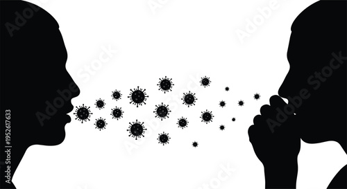 Virus transmission silhouette illustration, airborne pathogen artwork, health safety design, black white figure set, respiratory germ spread collection