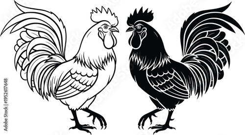 Rooster silhouette illustrations, black white dual artwork, farm animal design, stylized bird figure set, symmetry contrast decorative collection