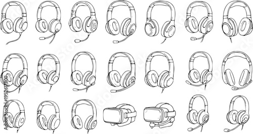 Set of hand-drawn line art illustrations featuring various over-ear headphones, gaming headsets with microphones, and virtual reality glasses, perfect for tech and audio concepts.