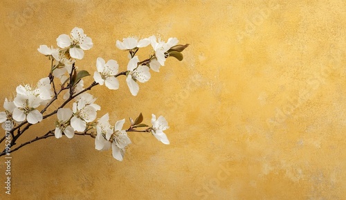 A flowering branch with white blossoms positioned on the left side against a rustic, painterly yellow background