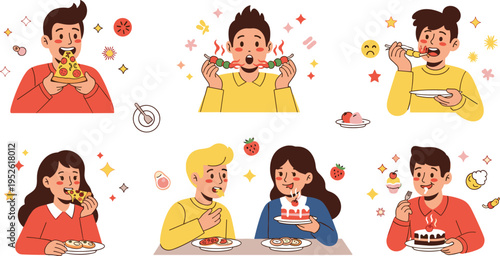 People eating desserts and sweets vector set with cakes, pastries, pizza and happy characters enjoying food cartoon illustration