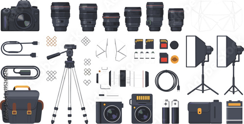 Photography equipment vector set with camera, lenses, tripod, lighting, memory cards and professional photo gear collection illustration