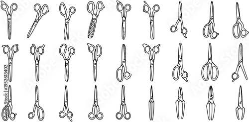Detailed Line Art Collection of Various Scissors Types, Hand-Drawn Sketch Set of Diverse Shears for Hairdressing, Tailoring, Crafting, and Gardening Tools