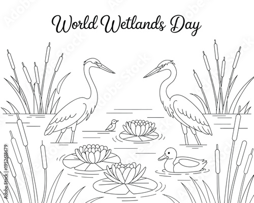 Wetlands day illustration, black and white outline scene with herons ducks and water lilies for nature conservation awareness and ecology themes.
