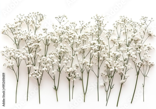Several branches of white baby's breath flowers arranged in a row on a white background