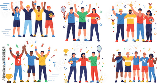 Sports team celebration vector set with athletes cheering, winning trophy, tennis players and happy fans victory moments cartoon illustration
