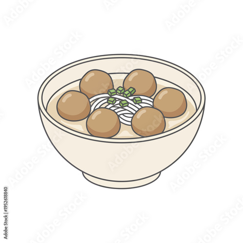 Delicious Bakso Meatball Noodle Soup Cartoon Vector Illustration