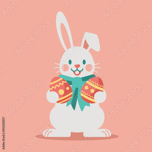 Cute Easter Bunny Holding Decorated Eggs.