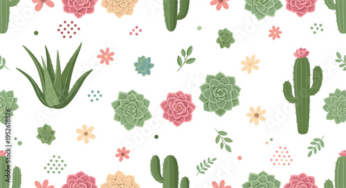 Succulent plants and cactus seamless pattern vector illustration with aloe, desert greenery, floral elements and soft pastel botanical design