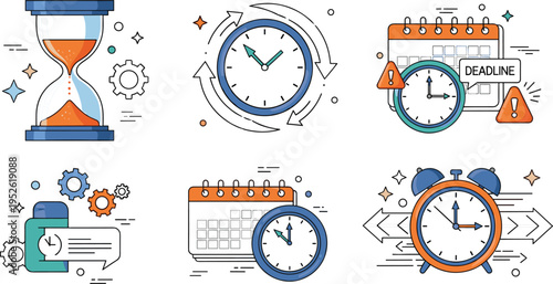 Time management and deadline concept vector set with clocks, calendar, hourglass, reminders and productivity planning cartoon illustration