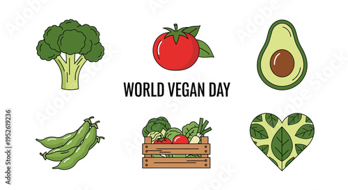 Cartoon vegetables and fruit surrounding WORLD VEGAN DAY text