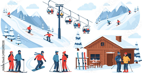 Winter ski resort activities vector illustration with skiers, snowboarders, chairlift, snowy mountains and cozy cabin alpine vacation scene
