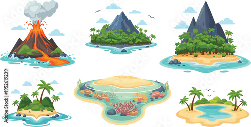 Tropical islands and volcanic landscapes vector set with ocean scenes, palm trees, coral reef, lagoon and nature geography illustration