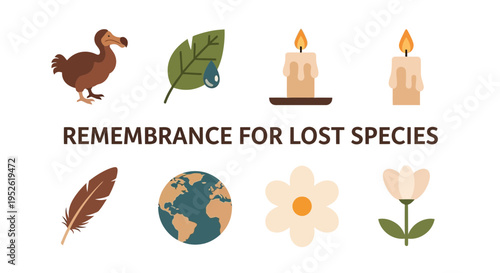 Illustration with Dodo leaf candles feather globe and flowers for species remembrance
