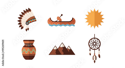 Six flat icons depicting Native American cultural items and natural elements