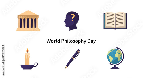 Six icons related to philosophy surrounding the text World Philosophy Day