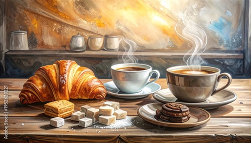 Breakfast setup croissant, cups of coffee, cookies and sugar cubes on a wooden table