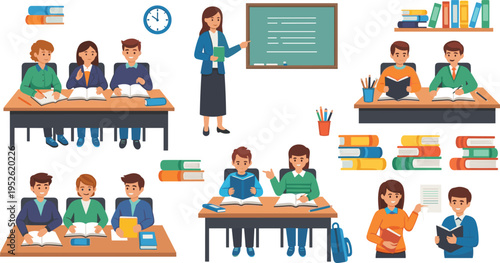 Classroom education scenes vector set with teacher, students studying, reading books, school desks and learning activities cartoon illustration