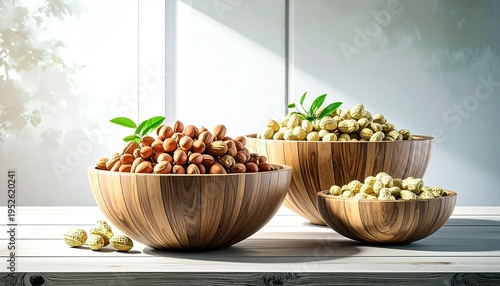 Bowls of various nuts sit on a light wood table with a sunlit window in the background
