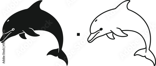 Dolphin Silhouette and Outline Vector Icon Set Vector