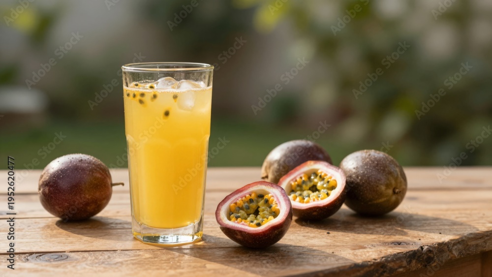 Fototapeta premium Refreshing Passion Fruit Juice in a Glass with Ice Cubes and Whole Halved Fruits on a Rustic Wooden Table Wellness and Tropical Harmony for a Healthy Lifestyle and Natural Balance.