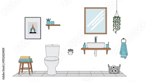 Modern minimalist bathroom interior design featuring a toilet, sink, mirror, and various decorative plants and accessories.