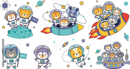 Cute animal astronauts vector set with dogs and bears in space suits, rockets, planets and galaxy cartoon illustration collection